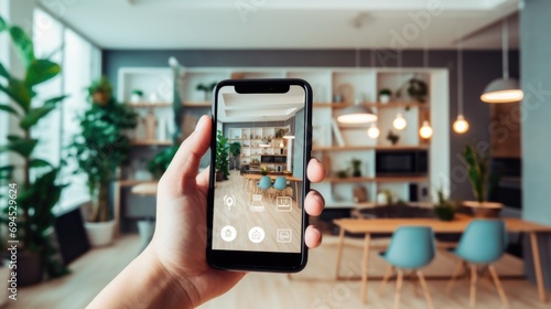 Woman using mobile phone to take photo of modern living room interior. AI generated