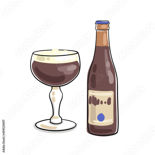 Bottle of belgian dark beer and beer glass. Picture in line style. Black contour with colored spots. Isolated on white background. Vector flat illustration.