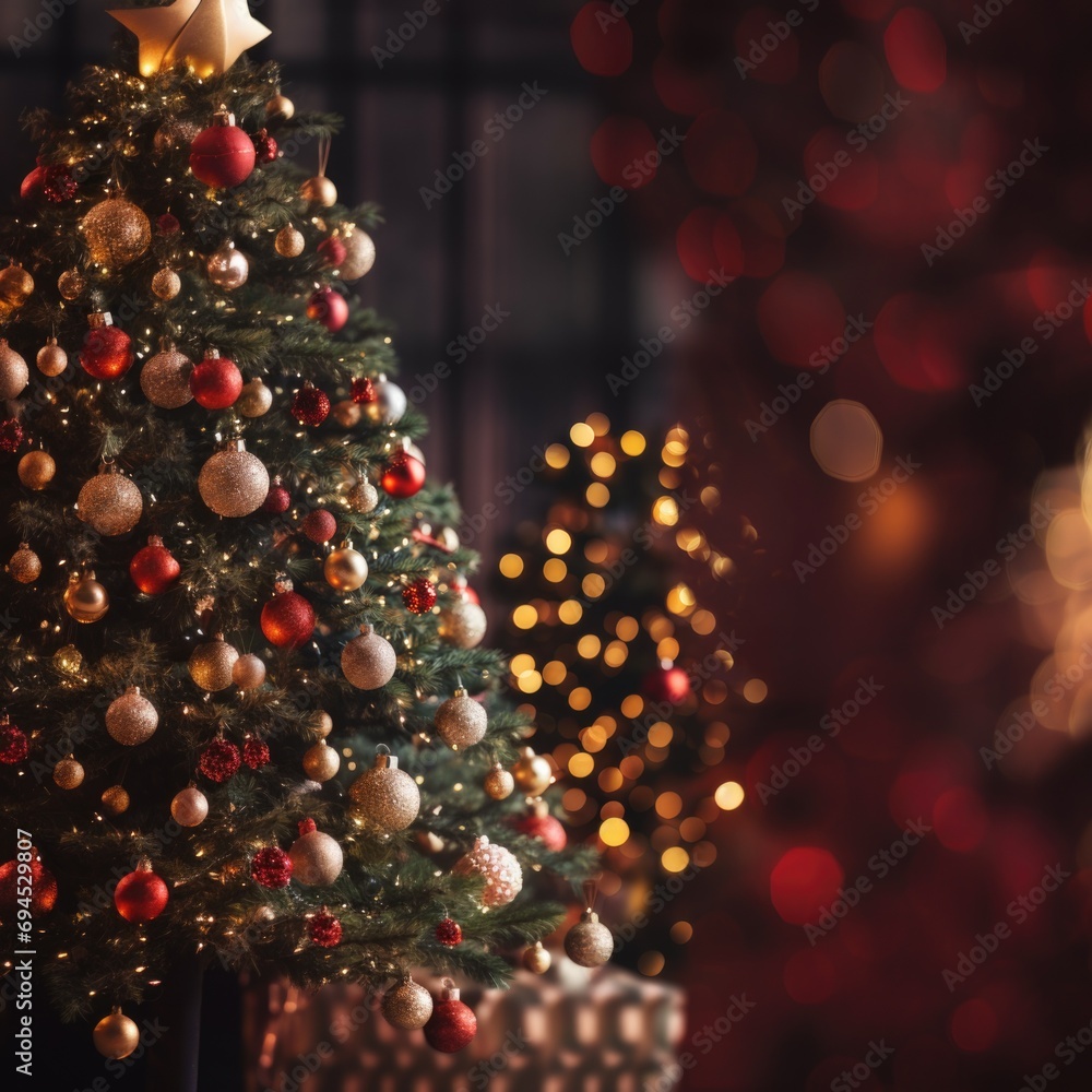 Christmas tree with red and gold baubles on bokeh background, AI generated