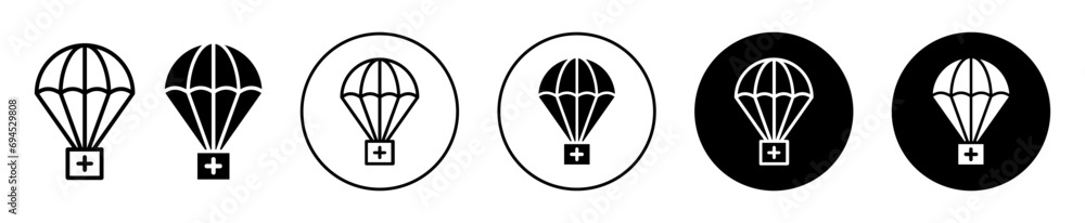 Parachute with first aid kit icon. air medicine drug delivery cargo shipment from hospital medical store to patient symbol logo. parachute with first aid kit box to drop goods in disaster rescue Parachute with first aid kit icon. air medicine drug delivery cargo shipment from hospital medical store to patient symbol logo. parachute with first aid kit box to drop goods in disaster rescue