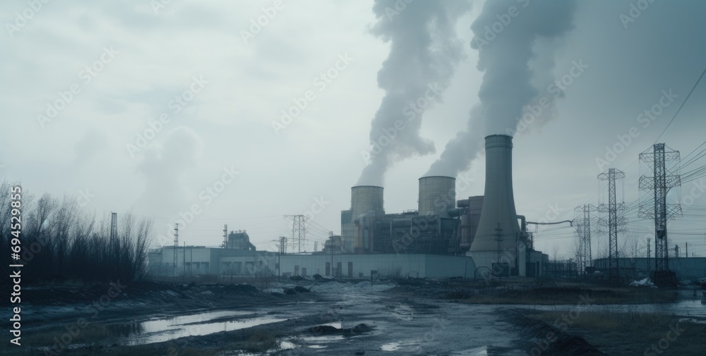 Power plant with smoking chimneys on the background of blue sky. AI generated