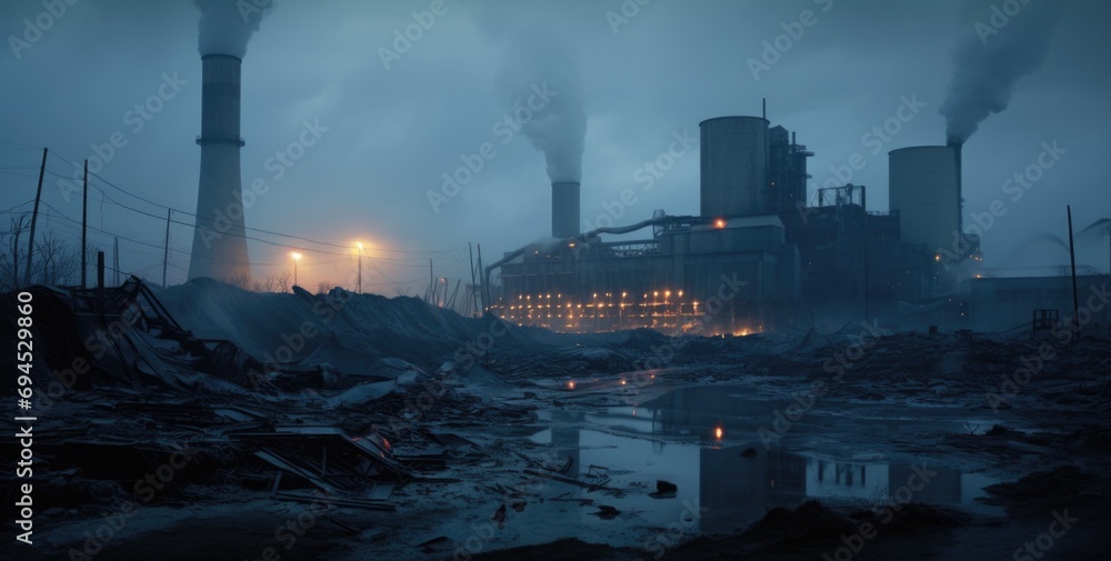 Industrial landscape with smoke and smokestack at night. AI generated