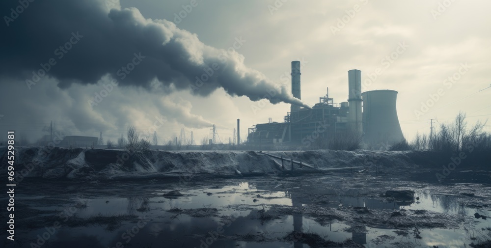 Industrial landscape with a smoking chimney of a power station. AI generated image