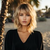 Portrait of a beautiful young woman in black dress on the beach, AI generated