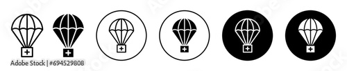 Parachute with first aid kit icon. air medicine drug delivery cargo shipment from hospital medical store to patient symbol logo. parachute with first aid kit box to drop goods in disaster rescue 