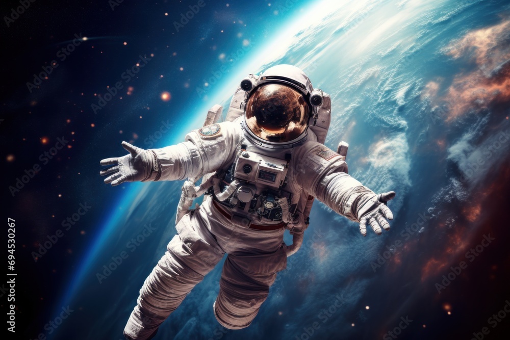 Vibrant astronaut in space, surrounded by cosmic wonders, offering ample copy space for text