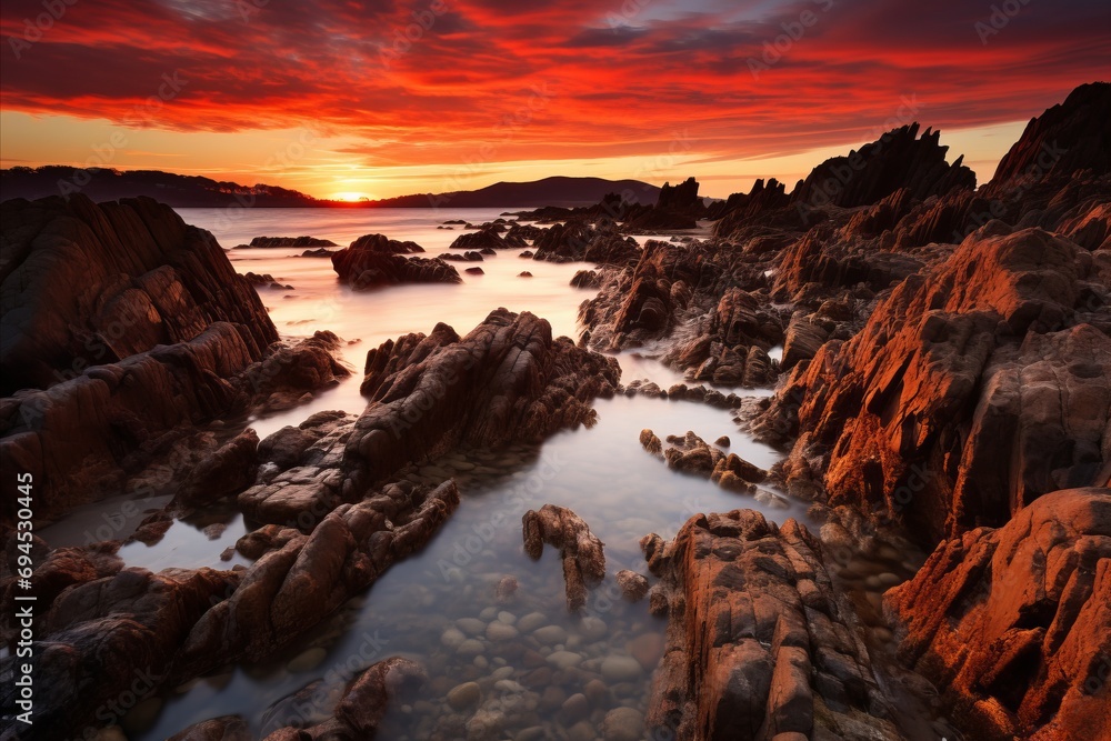 Sunset Over Rocky Seashore with Dramatic Sky