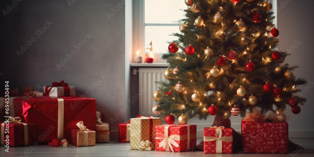 Festively decorated home with a red Christmas tree and gifts for the new year.