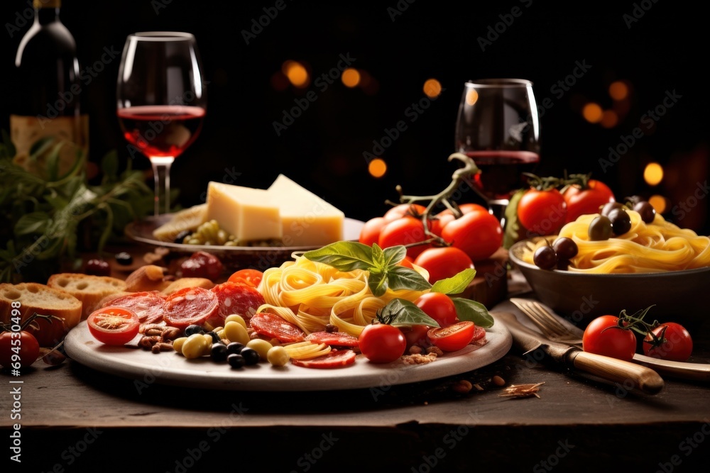 A tempting dinner arrangement with pasta, antipasti, and inviting copy space for text