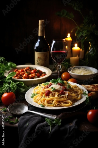 Delectable dinner spread with pasta, wine, and savory delights