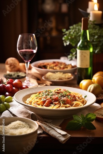 Delectable dinner spread with pasta, wine, and savory delights