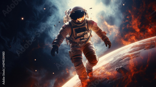 Vibrant astronaut in space, surrounded by cosmic wonders, offering ample copy space for text