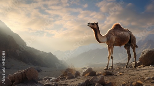  a camel standing in the middle of a desert with a mountain range in the background and clouds in the sky.