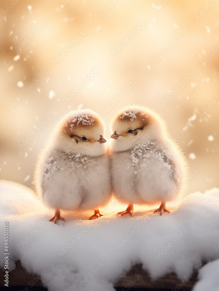Two adorable fluffy chicks nestled together on a snowy perch, with snowflakes gently falling around them Two adorable fluffy chicks nestled together on a snowy perch, with snowflakes gently falling around them