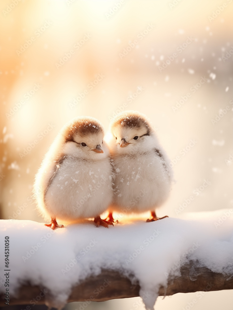 Two adorable fluffy chicks nestled together on a snowy perch, with snowflakes gently falling around them Two adorable fluffy chicks nestled together on a snowy perch, with snowflakes gently falling around them