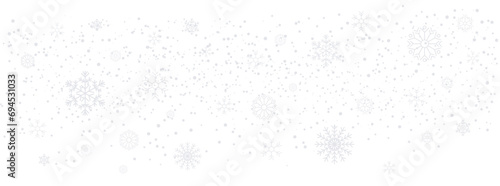 Seamless realistic falling snow and snowflakes isolated on transparent background. Christmas card snowfall border. Vector illustration 