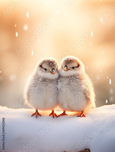 Two adorable fluffy chicks nestled together on a snowy perch, with snowflakes gently falling around them © David