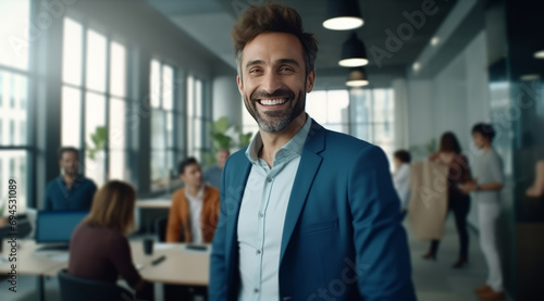 man smiling in office, with others around business