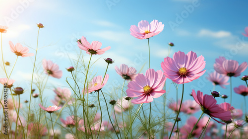 Field of pink flowers is in bloom under a clear blue sky