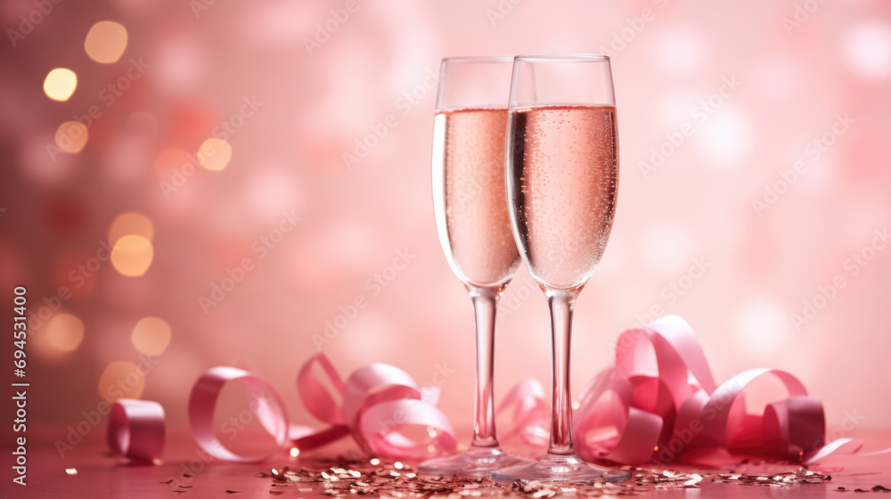 Champagne glasses with sparkling liquid, accompanied by red heart-shaped decorations on a reflective pink surface Champagne glasses with sparkling liquid, accompanied by red heart-shaped decorations on a reflective pink surface