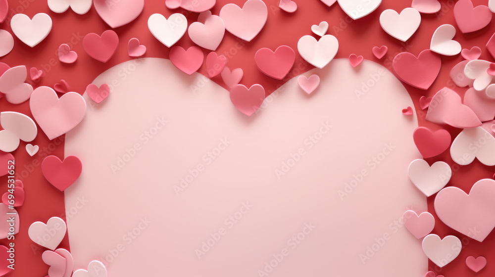 Red and pink fabric hearts scattered across a soft pink background