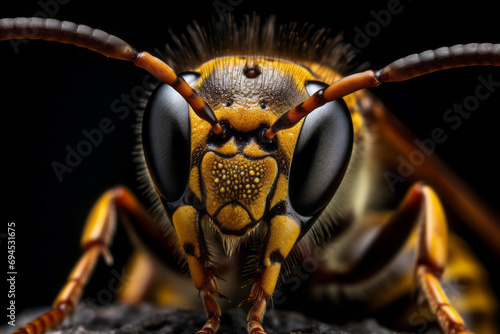 Wasp close-up on a black background. © Dzmitry