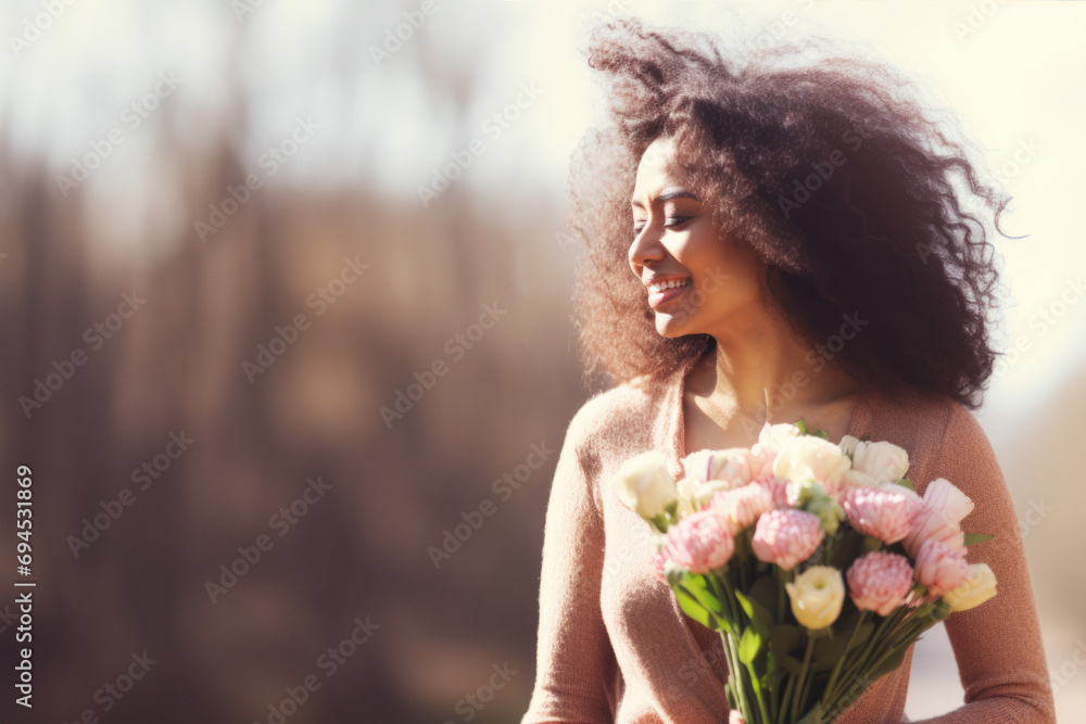 Naklejka premium Happy African woman with voluminous curly hair, smiling gently as she holds a bouquet of delicate pink and white flowers on soft focus background for womens day, mother's day.