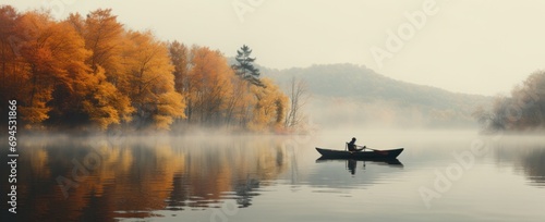 person in canoe floating in a lake with autumnal scenery © ArtCookStudio