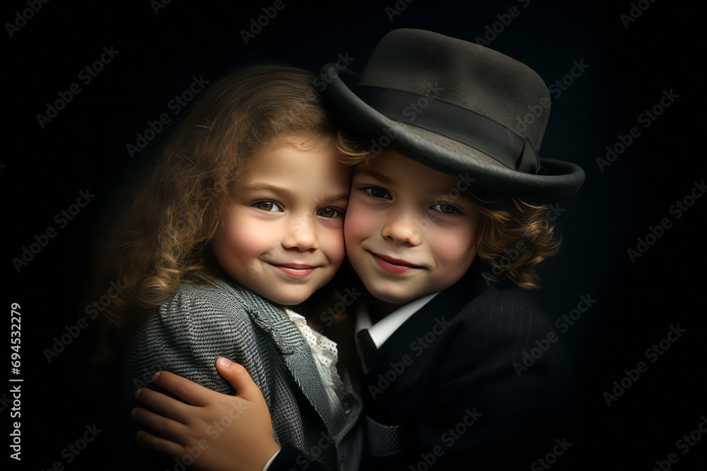 Children of Jewish appearance, brother and sister, hug and look at the camera. Children of Jewish appearance, brother and sister, hug and look at the camera.