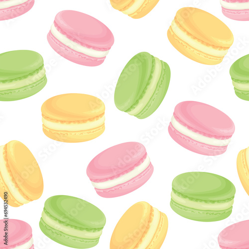 French macaroons seamless pattern. Dessert background. Vector cartoon illustration of pink, green and yellow macarons.