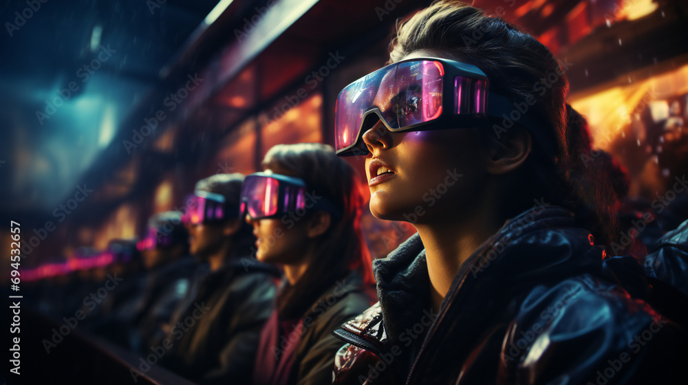 A Group Of Teenagers In VR Glasses Watching A Film