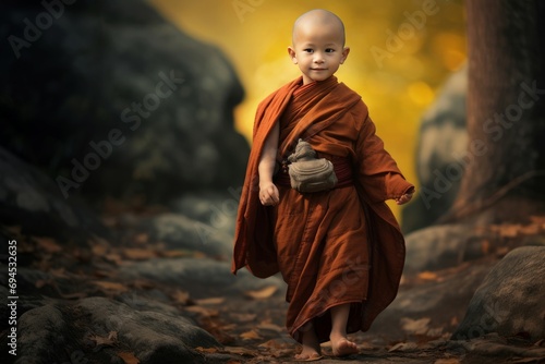 Contemplative Little asian monk. Kids thai culture. Generate Ai © juliars