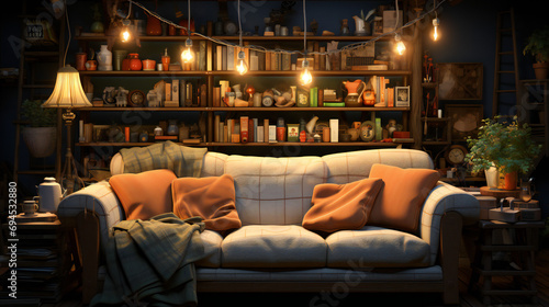 A Cozy Atmosphere In The Living Room With A Big Soft Sofa And Home Library With Books