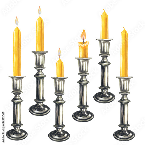 Watercolor yellow vertical short and long candles with flame in silver candlesticks for Christmas, Candlemas, wedding, birthday, Easter, magic, memorial day, spa, relaxion, holiday