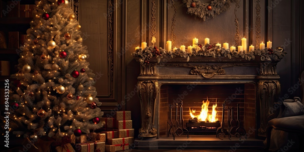 Elegant Christmas tree and fireplace in an evening interior.