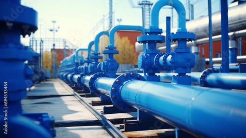 Pipelines in a gas compression station. Pipeline valves in an oil and gas processing plant. photo