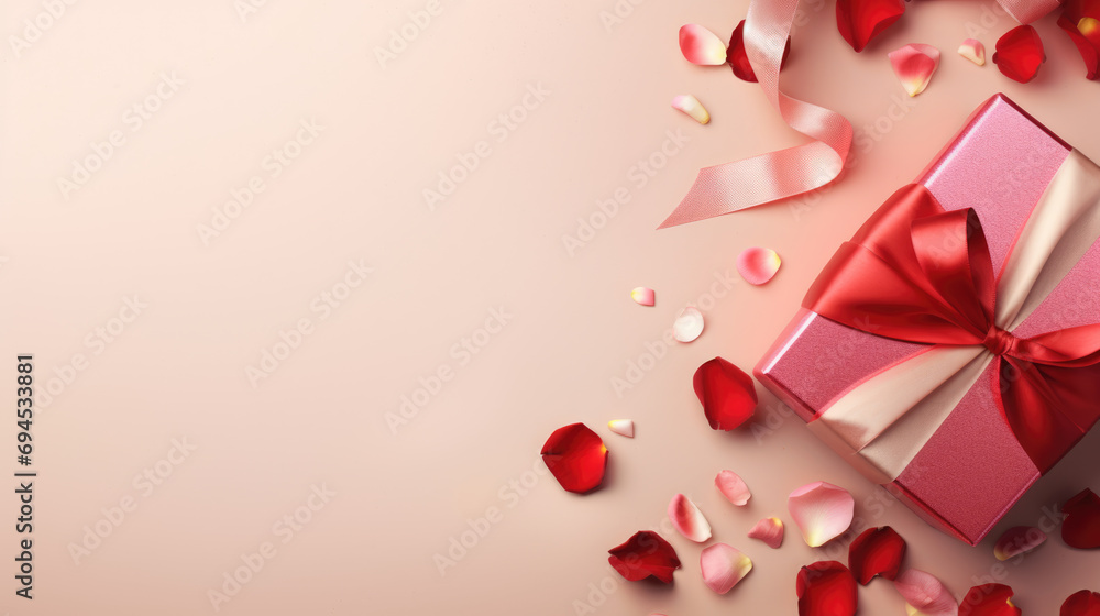 Gift box tied with a ribbon, surrounded by small hearts and a bokeh light effect on a pink background, suggesting a romantic occasion like Valentine's Day.