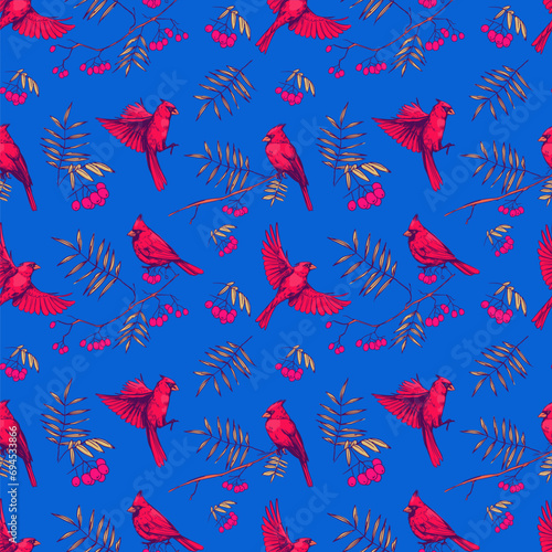 Red cardinal and branches. Seamless pattern design. vector birds illustration © aksol