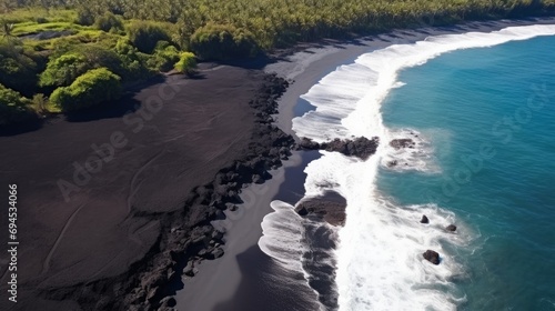 Panorama of tropical black volcanic beach. Beautiful natural backdrop. 