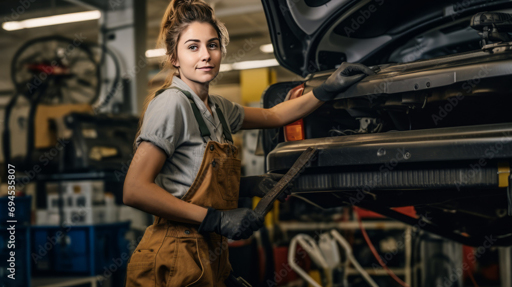 A beautiful young car mechanic girl in the workshop at work.