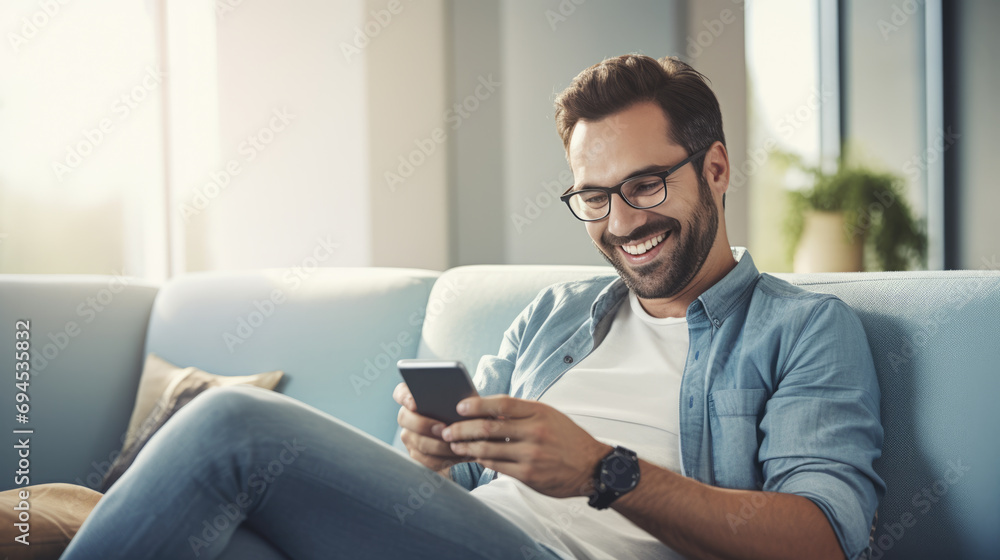 Smiling man sits on the sofa at home and holding his smartphone in his hands Smiling man sits on the sofa at home and holding his smartphone in his hands