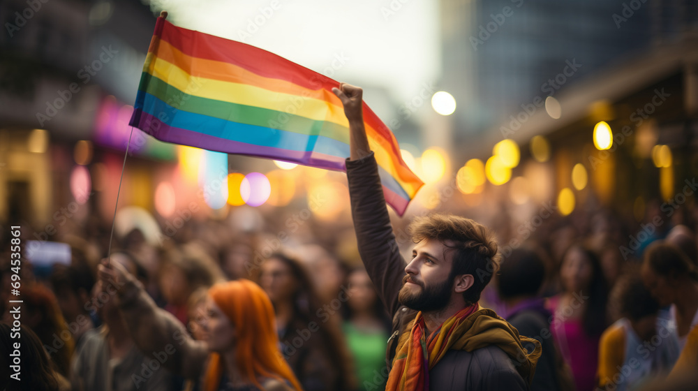 A Woman Raised A Rainbow Flag From The Crowd Of People At Pride Parade - obrazy, fototapety, plakaty 