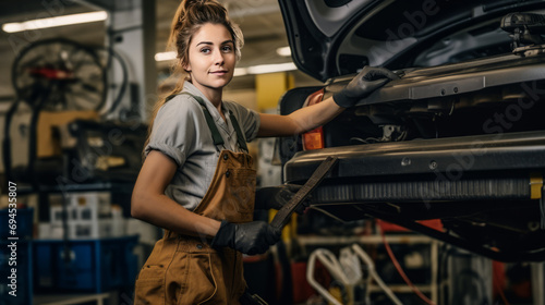 A beautiful young car mechanic girl in the workshop at work.