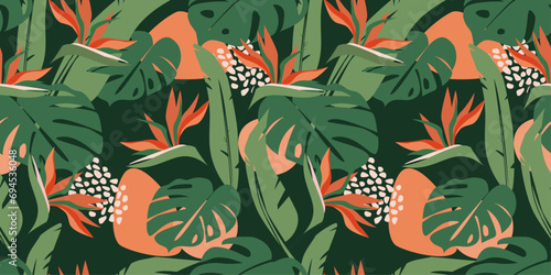 Seamless pattern with abstract tropical floral print of palm leaves, monstera, strelitzia flowers. Vector graphics.