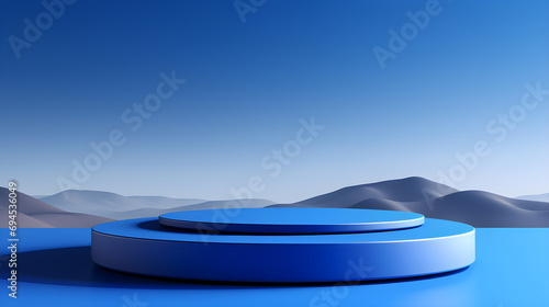 blue podium with mountain scenery and clear sky background, 3D display podium, Premium showcase mockup template for Luxury products, with copy space for text