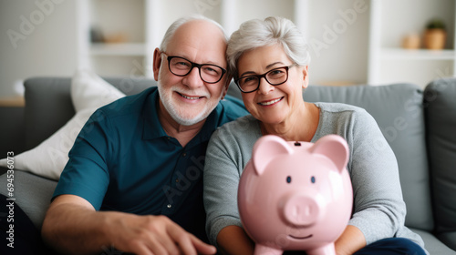 Cheerful senior couple sitting closely together on a sofa  holding a piggybank  symbolizing financial security and savings in their retirement years.