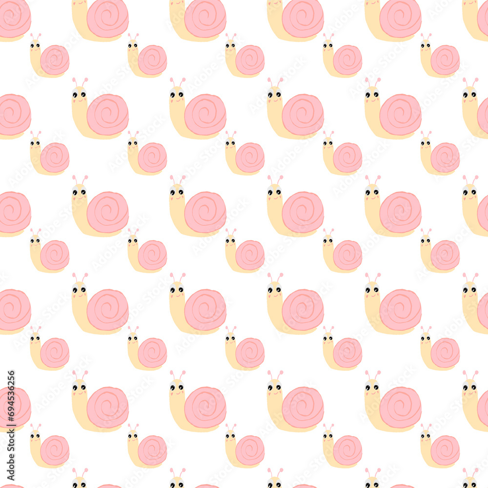 Snail pattern on a transparent background. Cute beautiful pink snails. Pattern for children's textiles. Snail pattern on a transparent background. Cute beautiful pink snails. Pattern for children's textiles.