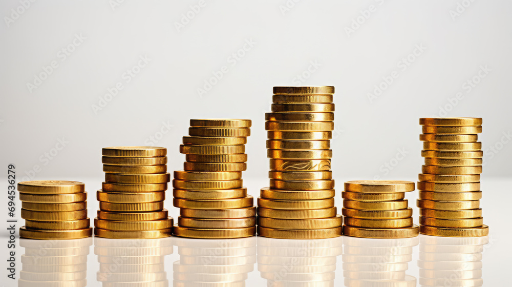 Several stacks of gold coins in different heights arranged from tallest to shortest against a white background Several stacks of gold coins in different heights arranged from tallest to shortest against a white background