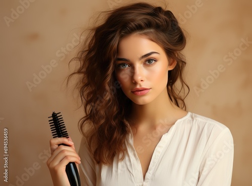 A lady flawlessly poses for a portrait, gracefully holding a hair brush as she showcases her beautiful long hair and stunning makeup