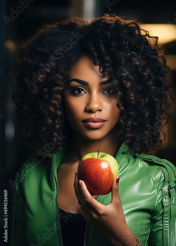 Beautiful black girl is holding a green apple